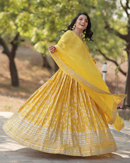 Pure Viscose Yellow Jacquard Lehenga Choli
